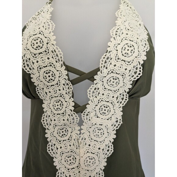 Womens Cupshe Vintage Green Babydoll Boho Lace Plunge One Piece Swimsuit SZ M - Picture 3 of 13